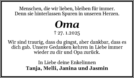 Traueranzeige von Oma  von Norddeutsche Rundschau, Wilstersche Zeitung, Glückstädter Fortuna