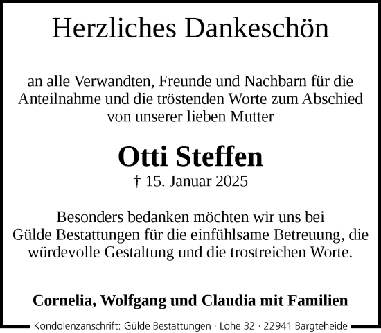 Traueranzeige von Otti Steffen von MARKT Ahrensburg/Bargteheide/Trittau und Stormarner Tageblatt