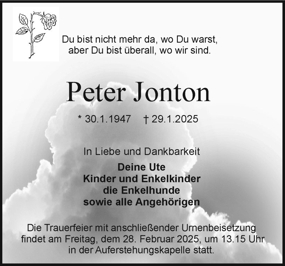 Traueranzeige für Peter Jonton vom 08.02.2025 aus Holsteinischer Courier