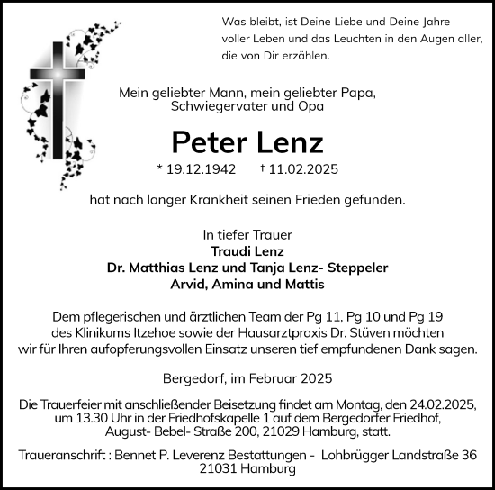 Traueranzeige von Peter Lenz von Norddeutsche Rundschau, Wilstersche Zeitung, Glückstädter Fortuna