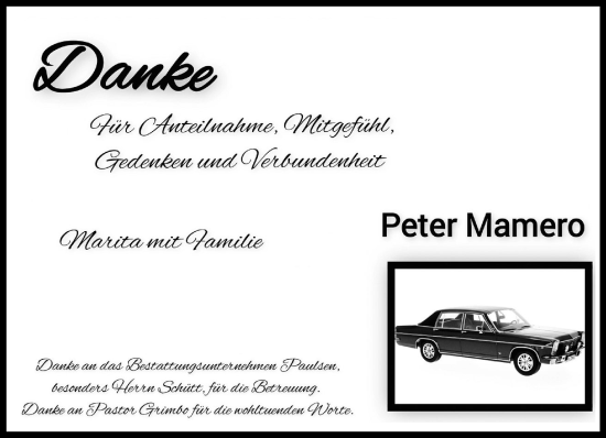 Traueranzeige von Peter Mamero von MARKT Bad Oldesloe/Reinfeld und Stormarner Tageblatt