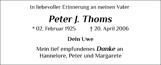 Traueranzeige von Peter Thoms von Husumer Nachrichten, Nordfriesland Tageblatt