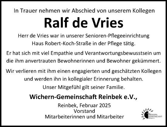 Traueranzeige von Ralf de Vries von MARKT Bad Oldesloe/Reinfeld und Stormarner Tageblatt