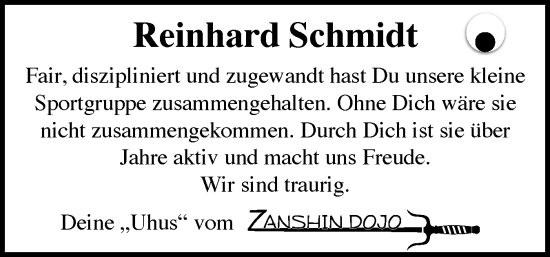 Traueranzeige von Reinhard Schmidt von Flensburger Tageblatt