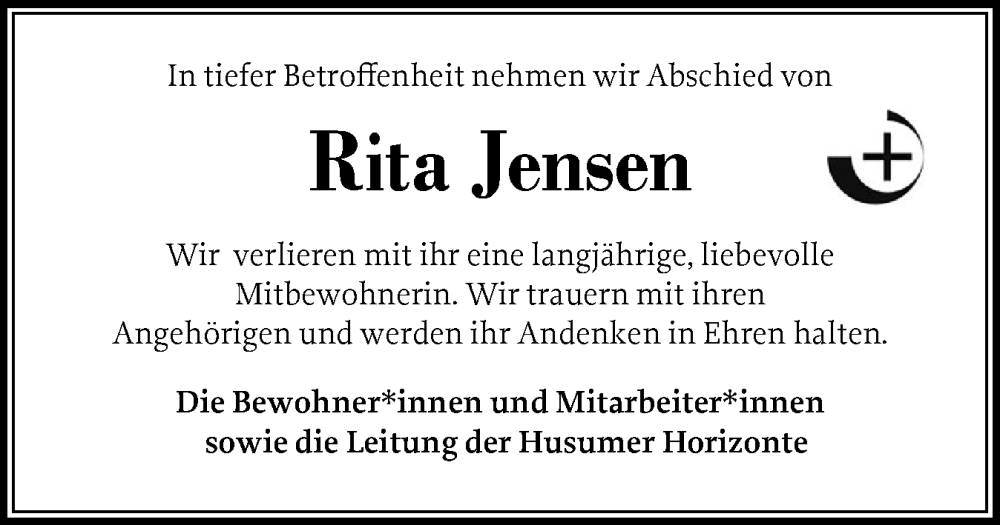  Traueranzeige für Rita Jensen vom 13.02.2025 aus Husumer Nachrichten, Nordfriesland Tageblatt