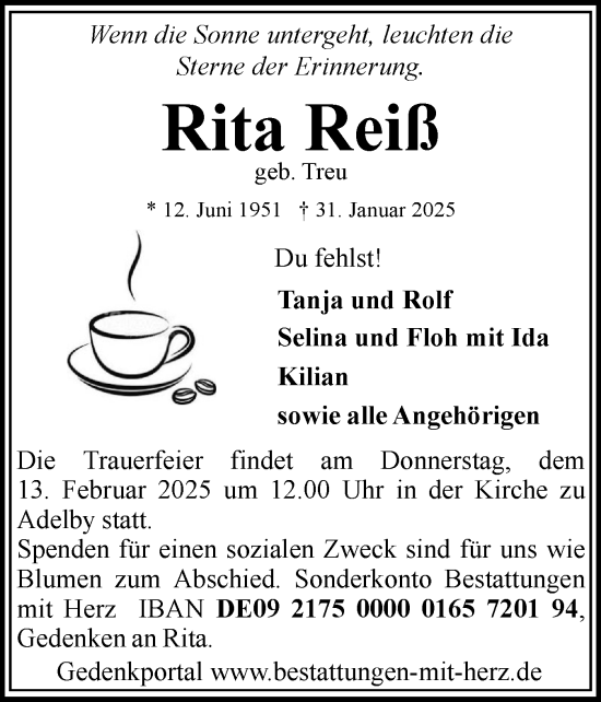 Traueranzeige von Rita Reiß von Flensburger Tageblatt
