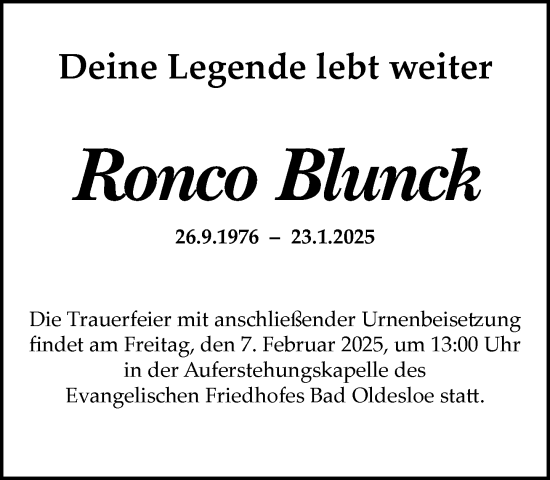 Traueranzeige von Ronco Blunck von MARKT Bad Oldesloe/Reinfeld und Stormarner Tageblatt