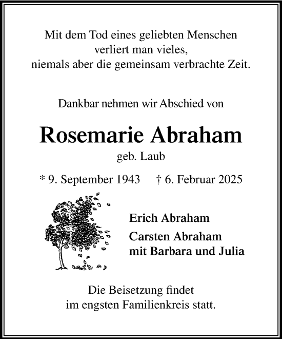 Traueranzeige von Rosemarie Abraham von MARKT Ahrensburg/Bargteheide/Trittau und Stormarner Tageblatt