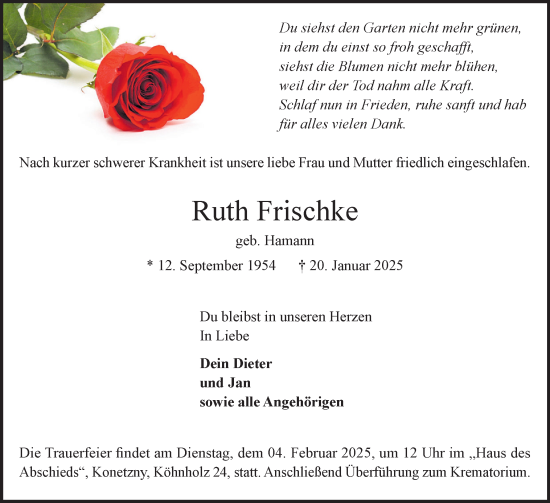 Traueranzeige von Ruth Frischke von Elmshorner Nachrichten, Barmstedter Zeitung