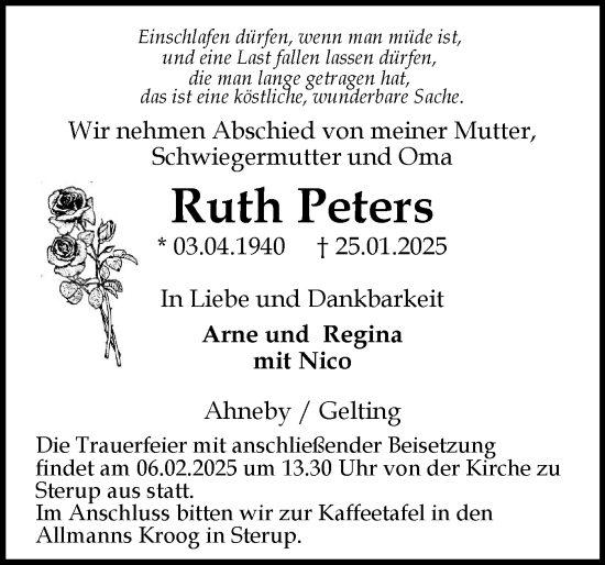 Traueranzeige von Ruth Peters von Flensburger Tageblatt