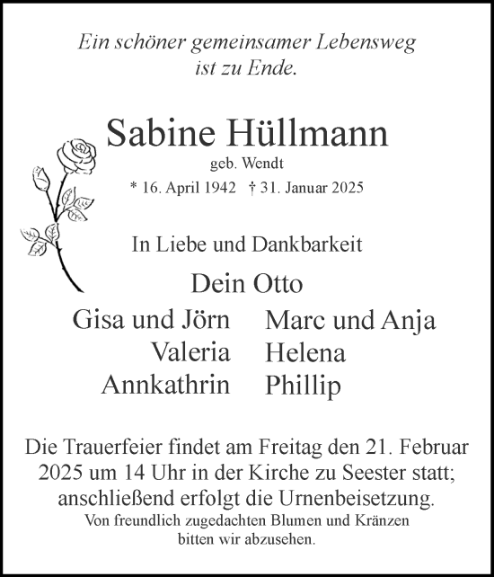 Traueranzeige von Sabine Hüllmann von Elmshorner Nachrichten, Barmstedter Zeitung