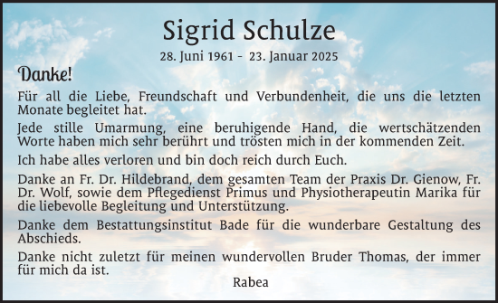 Traueranzeige von Sigrid Schulze von Elmshorner Nachrichten, Barmstedter Zeitung