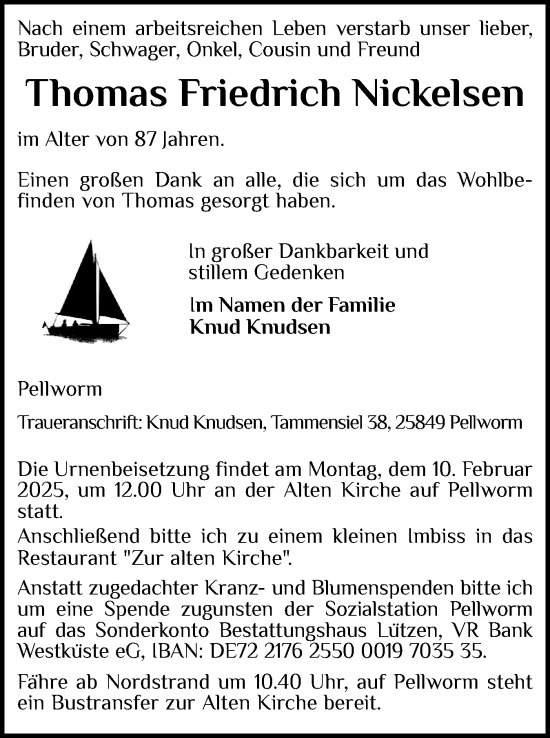 Traueranzeige von Thomas Friedrich Nickelsen von Husumer Nachrichten, Nordfriesland Tageblatt