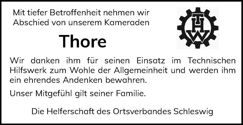  Traueranzeige für Thore  vom 14.02.2025 aus Schleswiger Nachrichten, Schlei-Bote