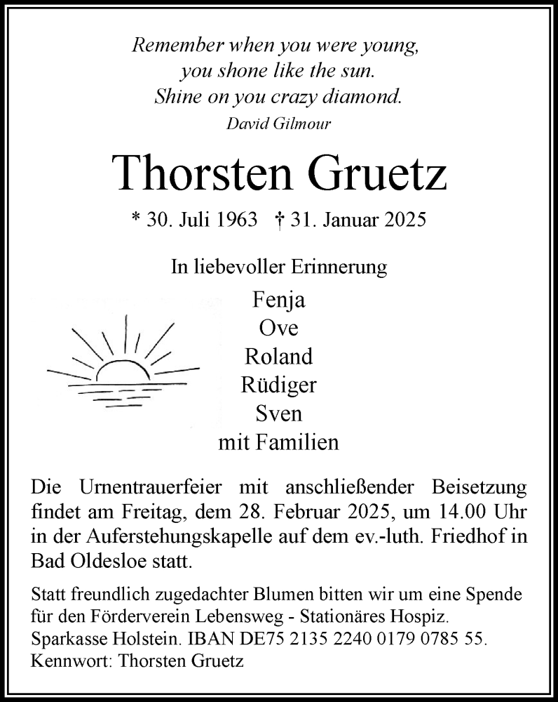  Traueranzeige für Thorsten Gruetz vom 15.02.2025 aus MARKT Bad Oldesloe/Reinfeld und Stormarner Tageblatt