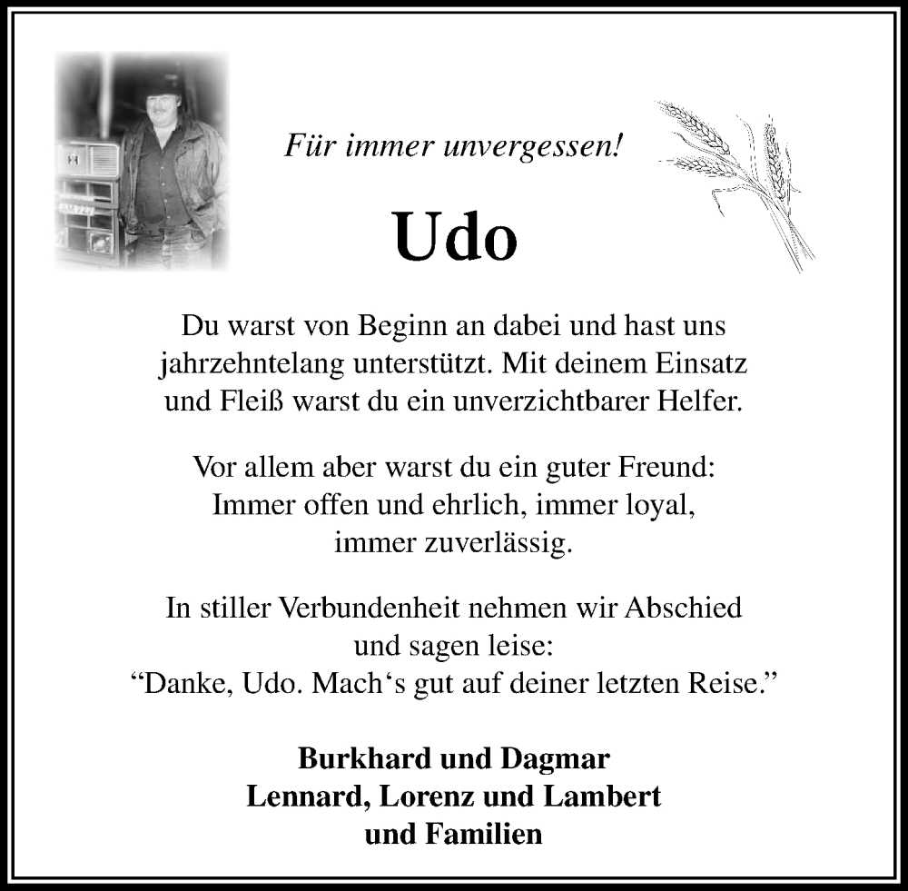  Traueranzeige für Udo  vom 15.02.2025 aus MARKT Ahrensburg/Bargteheide/Trittau und Stormarner Tageblatt