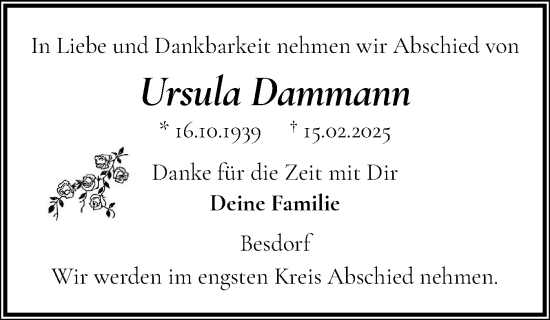 Traueranzeige von Ursula Dammann von Norddeutsche Rundschau, Wilstersche Zeitung, Glückstädter Fortuna