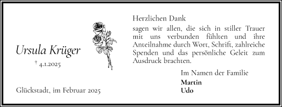 Traueranzeige von Ursula Krüger von Norddeutsche Rundschau, Wilstersche Zeitung, Glückstädter Fortuna