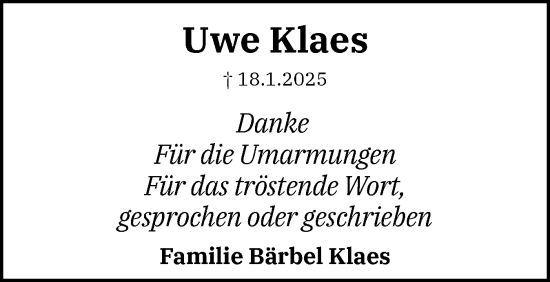 Traueranzeige von Uwe Klaes von Eckernförder Zeitung, Hallo Eckernförde