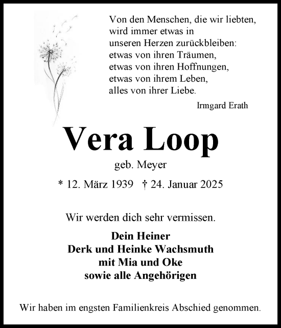 Traueranzeige von Vera Loop von Holsteinischer Courier