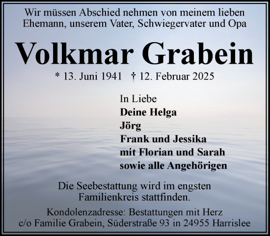 Traueranzeige von Volkmar Grabein von Flensburger Tageblatt