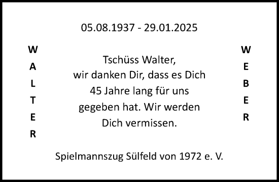 Traueranzeige von Walter Weber von MARKT Ahrensburg/Bargteheide/Trittau und Stormarner Tageblatt