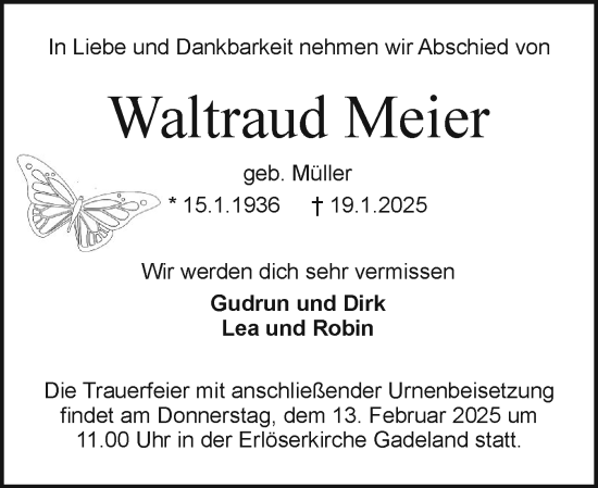 Traueranzeige von Waltraud Meier von Holsteinischer Courier