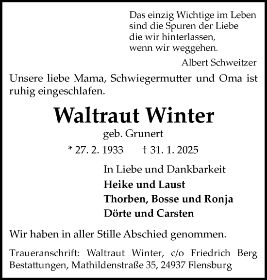 Traueranzeige von Waltraut Winter von Flensburger Tageblatt