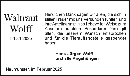 Traueranzeige von Waltraut Wolff von Holsteinischer Courier