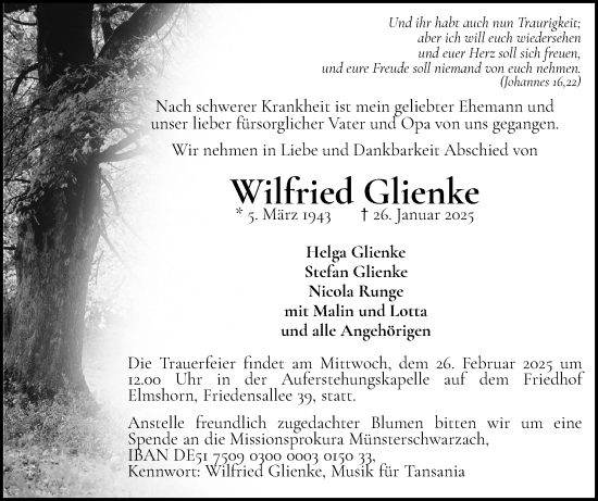 Traueranzeige von Wilfried Glienke von Elmshorner Nachrichten, Barmstedter Zeitung