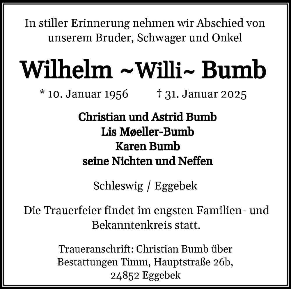  Traueranzeige für Wilhelm Bumb vom 15.02.2025 aus Flensburger Tageblatt