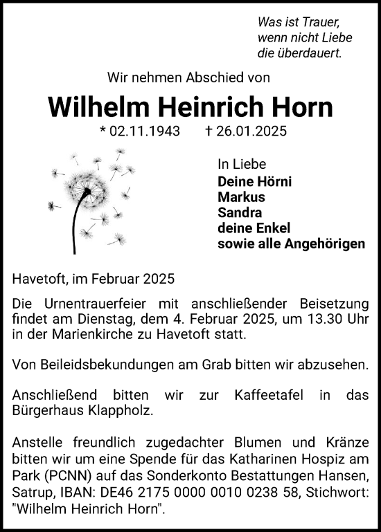 Traueranzeige von Wilhelm Heinrich Horn von Flensburger Tageblatt, Schleswiger Nachrichten, Schlei-Bote