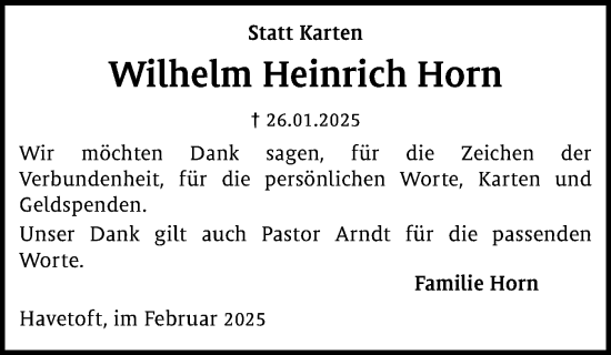 Traueranzeige von Wilhelm Heinrich Horn von Flensburger Tageblatt, Schleswiger Nachrichten, Schlei-Bote