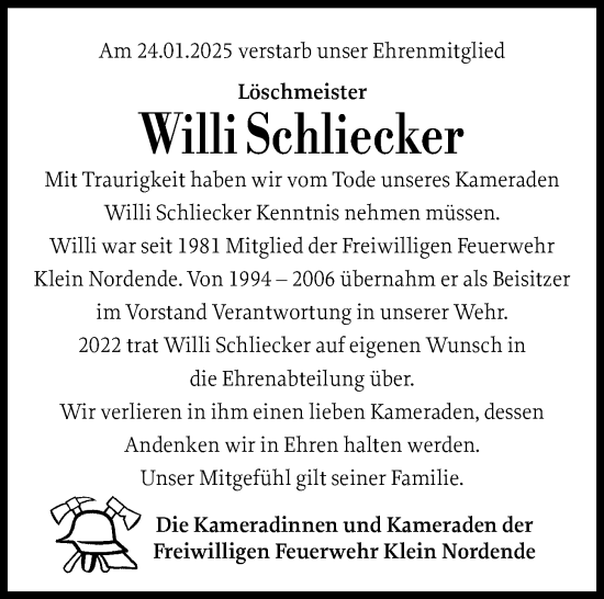 Traueranzeige von Willi Schliecker von Elmshorner Nachrichten, Barmstedter Zeitung