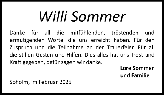 Traueranzeige von Willi Sommer von Region Flensburg