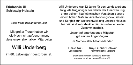 Traueranzeige von Willi Underberg von Schleswig-Holsteinische Landeszeitung