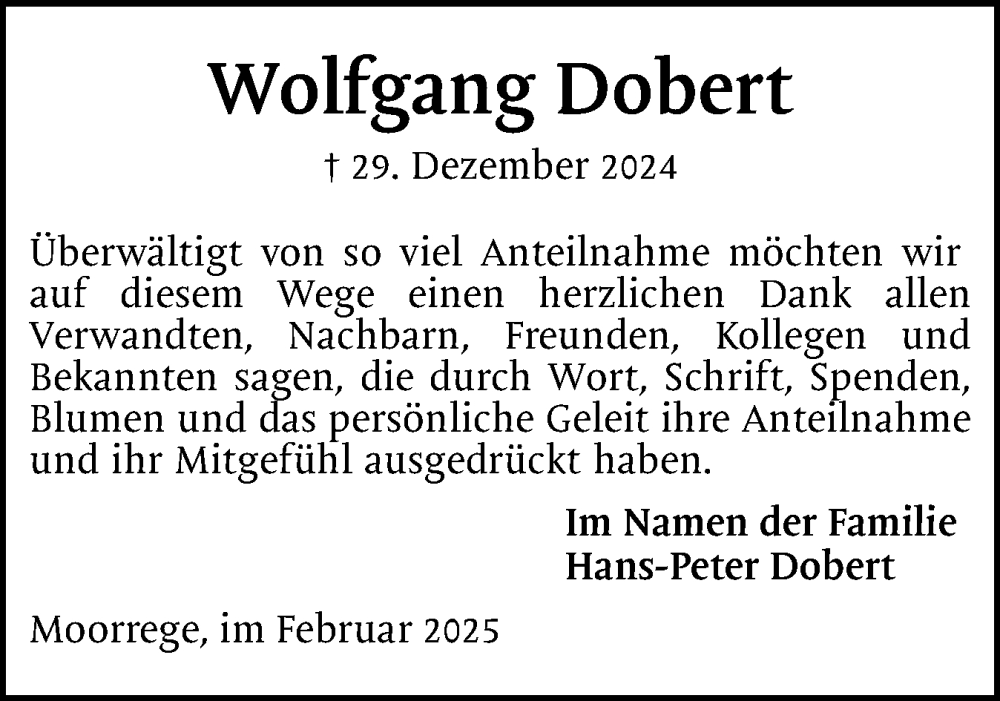  Traueranzeige für Wolfgang Dobert vom 08.02.2025 aus Uetersener Nachrichten, Der tip am Wochenende