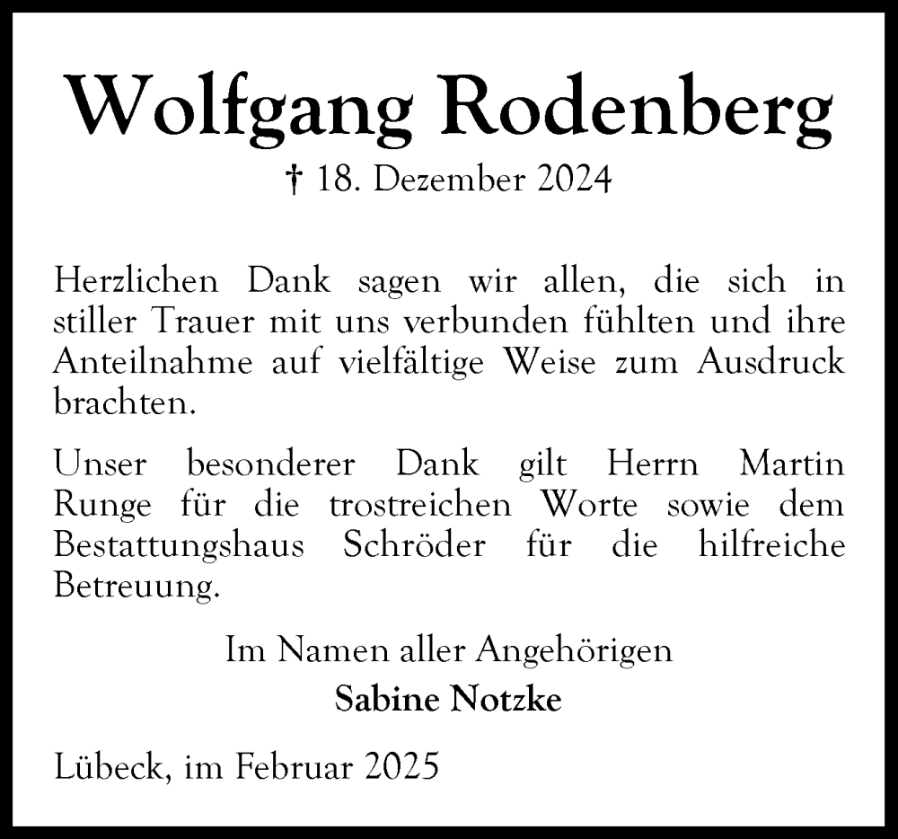  Traueranzeige für Wolfgang Rodenberg vom 15.02.2025 aus Ostholsteiner Anzeiger