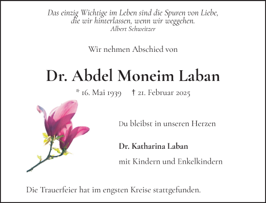 Traueranzeige von Abdel Moneim Laban von Elmshorner Nachrichten, Barmstedter Zeitung