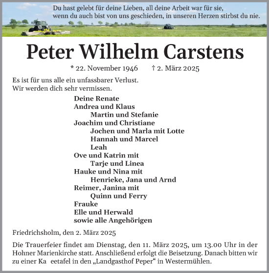 Traueranzeige von Peter Wilhelm Carstens von Schleswig-Holsteinische Landeszeitung