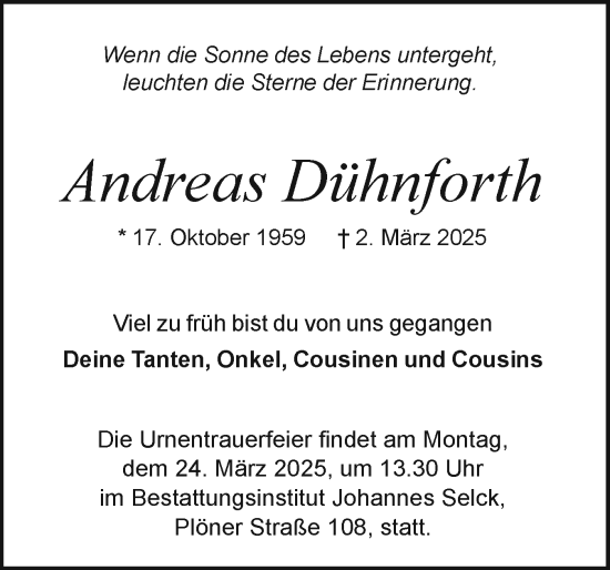 Traueranzeige von Andreas Dühnforth von Holsteinischer Courier