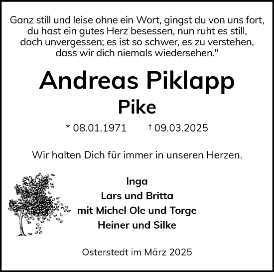 Traueranzeige von Andreas Piklapp von Schleswig-Holsteinische Landeszeitung