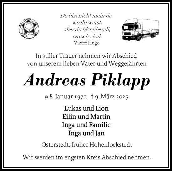 Traueranzeige von Andreas Piklapp von Norddeutsche Rundschau, Wilstersche Zeitung, Glückstädter Fortuna