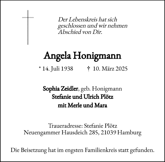 Traueranzeige von Angela Honigmann von MARKT Glinde/Reinbek