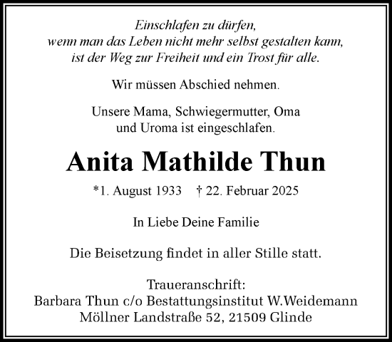 Traueranzeige von Anita Mathilde Thun von MARKT Glinde/Reinbek