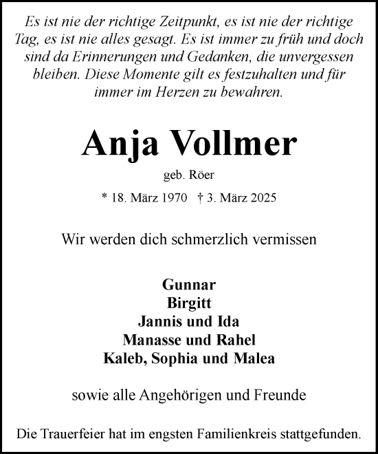 Traueranzeige von Anja Vollmer von MARKT Bad Oldesloe/Reinfeld und Stormarner Tageblatt
