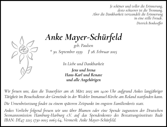 Traueranzeige von Anke Mayer-Schürfeld von Region Pinneberg und tip Pinneberg