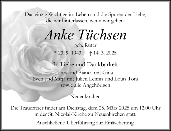Traueranzeige von Anke Tüchsen von Norddeutsche Rundschau, Wilstersche Zeitung, Glückstädter Fortuna