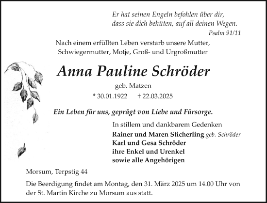 Traueranzeige von Anna Pauline Schröder von Sylter Rundschau