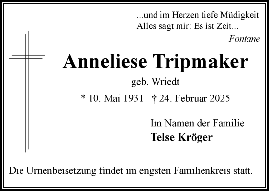 Traueranzeige von Anneliese Tripmaker von MARKT Bad Oldesloe/Reinfeld und Stormarner Tageblatt